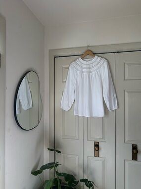 Loft White Smocked Yoke Cotton Blouse